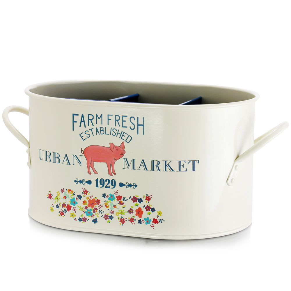 Urban Market Life on the Farm 12 Inch Steel Oval Flatware Caddy with Farm and Floral Print