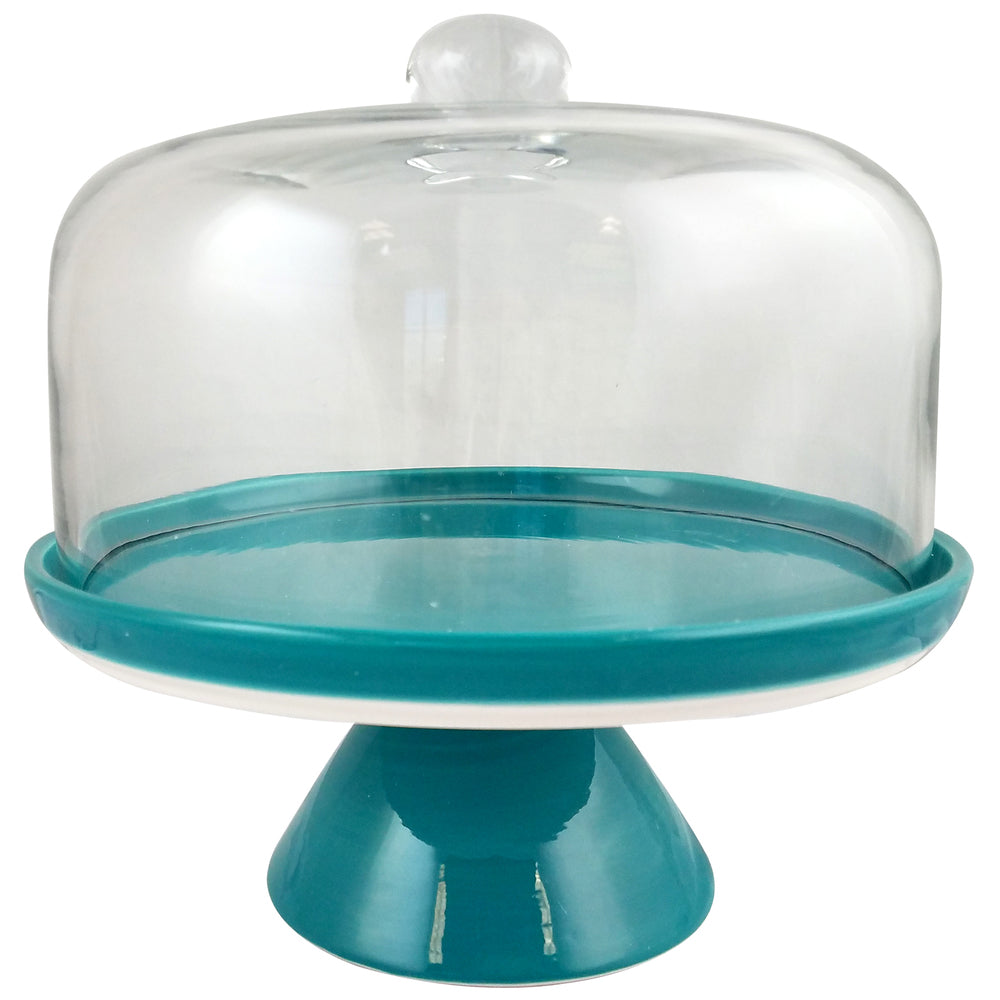 Studio California Ceramic Nordic Cool Cake Stand with Glass Dome in Teal