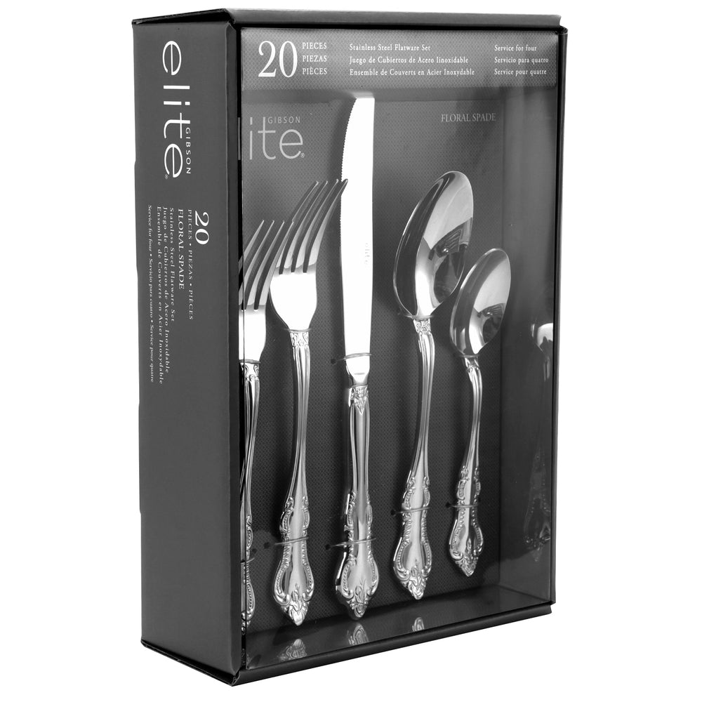 Gibson Elite Floral Spade 20 Piece Stainless Steel Flatware Tableware Utensil Set with Service for 4
