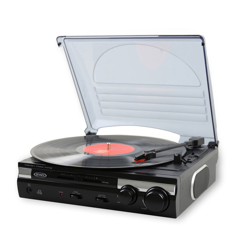 Jensen 3-Speed Stereo Turntable with Built-in Speakers and Speed Adjustment