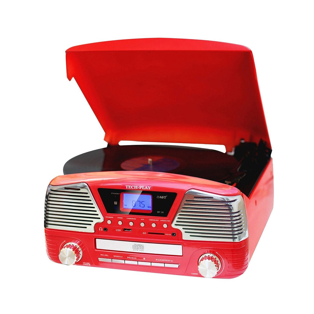 TechPlay 3 Speed Turntable, Programmable MP3 CD Player, USB/SD, Radio and amp; Remote Control in Red
